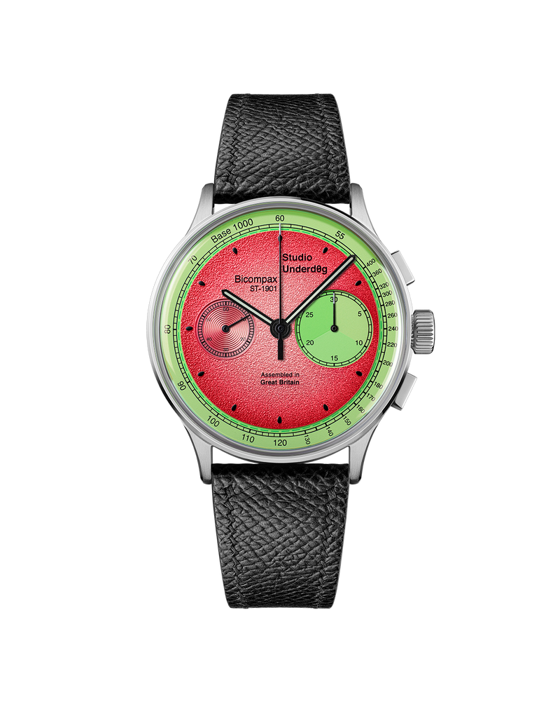 Studio Underd0g 01SERIES Watermel0n (Gen3), with its red-and-green two-register chronograph dial.