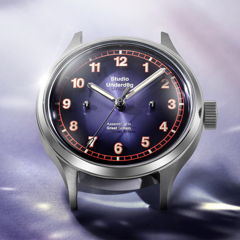 The purple dial and raised numerals shown in daylight.