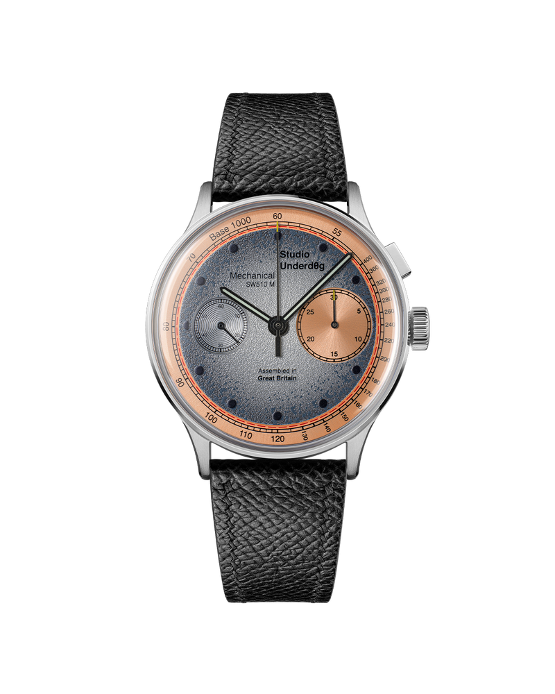 Studio Underd0g 03SERIES Salm0n, a hand-wound monopusher with a textured, fish-skin-inspired dial.